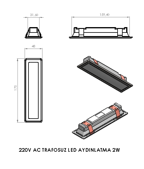 175x48mm 220V 2w AC Led Aydınlatma